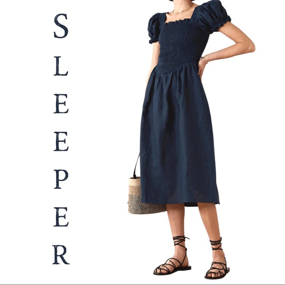 Sleeper Dresses & Skirts - SOLD New Sleeper Dress Linen Handmade Belle Blue Large L NWT Midi Maxi Smocked
